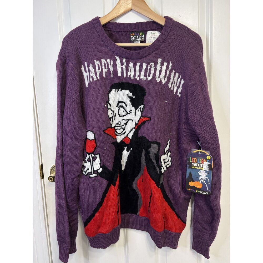Eat Drink & Be Scary Happy HalloWine Dracula Light-Up Holiday Sweater XL - NEW